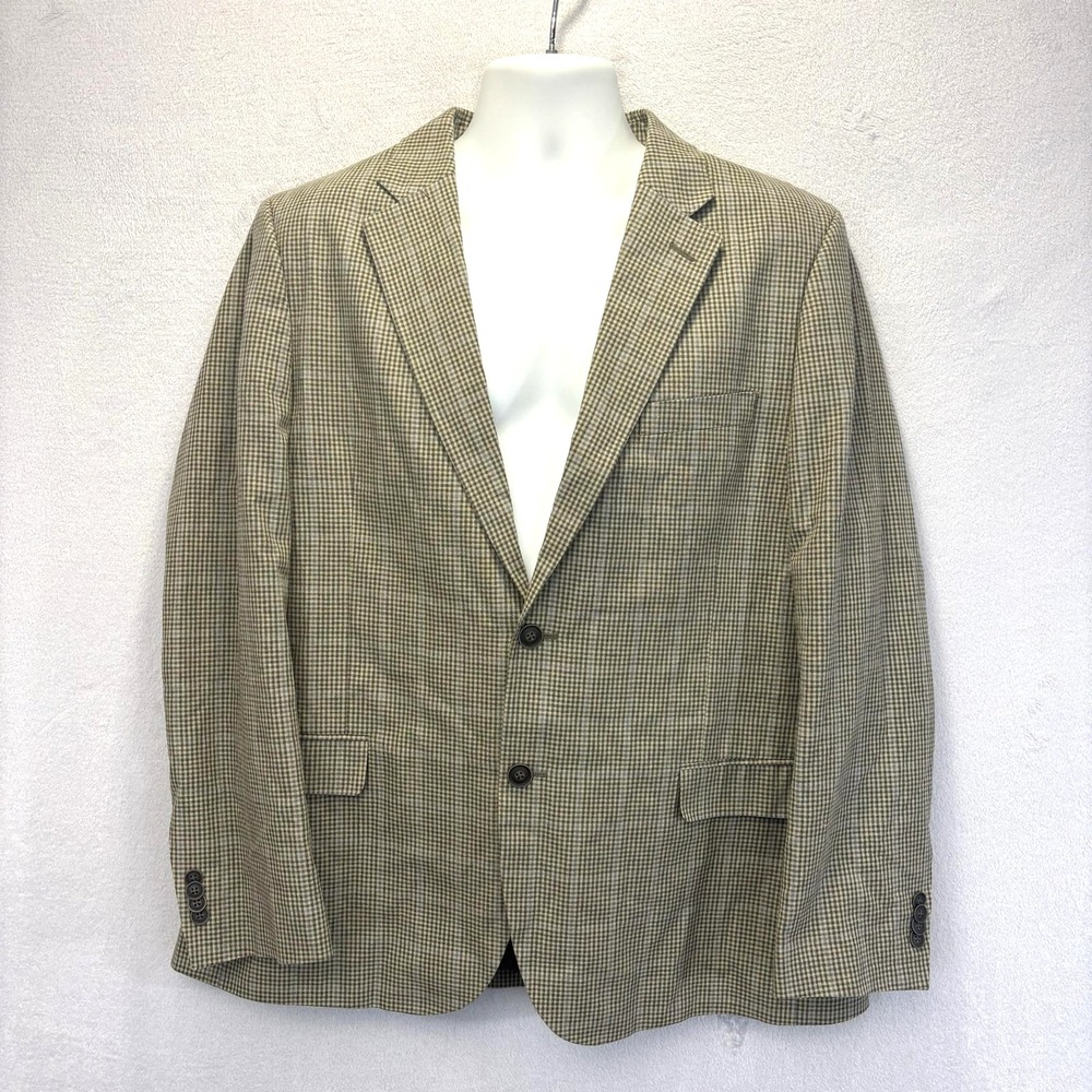 Nautica Linen Cotton Sport Coat Blazer Mens 44R Modern Fit Olive Green Check